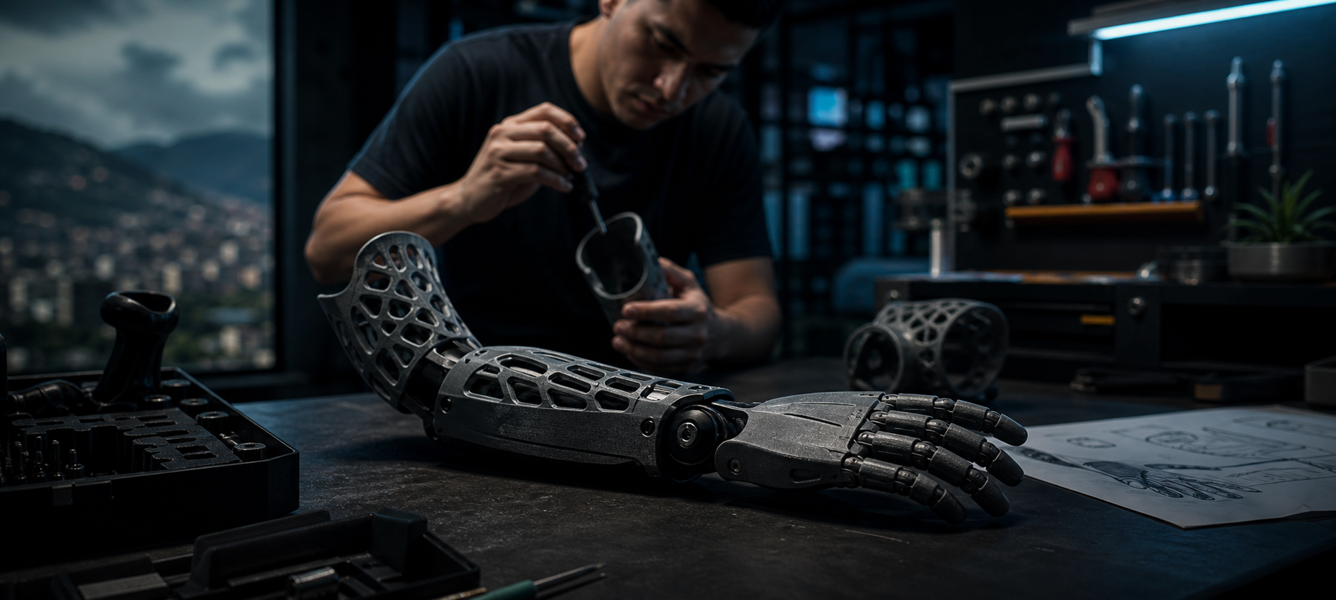 Escena editorial basada en referencias reales de prótesis impresas en 3D y trabajo de taller