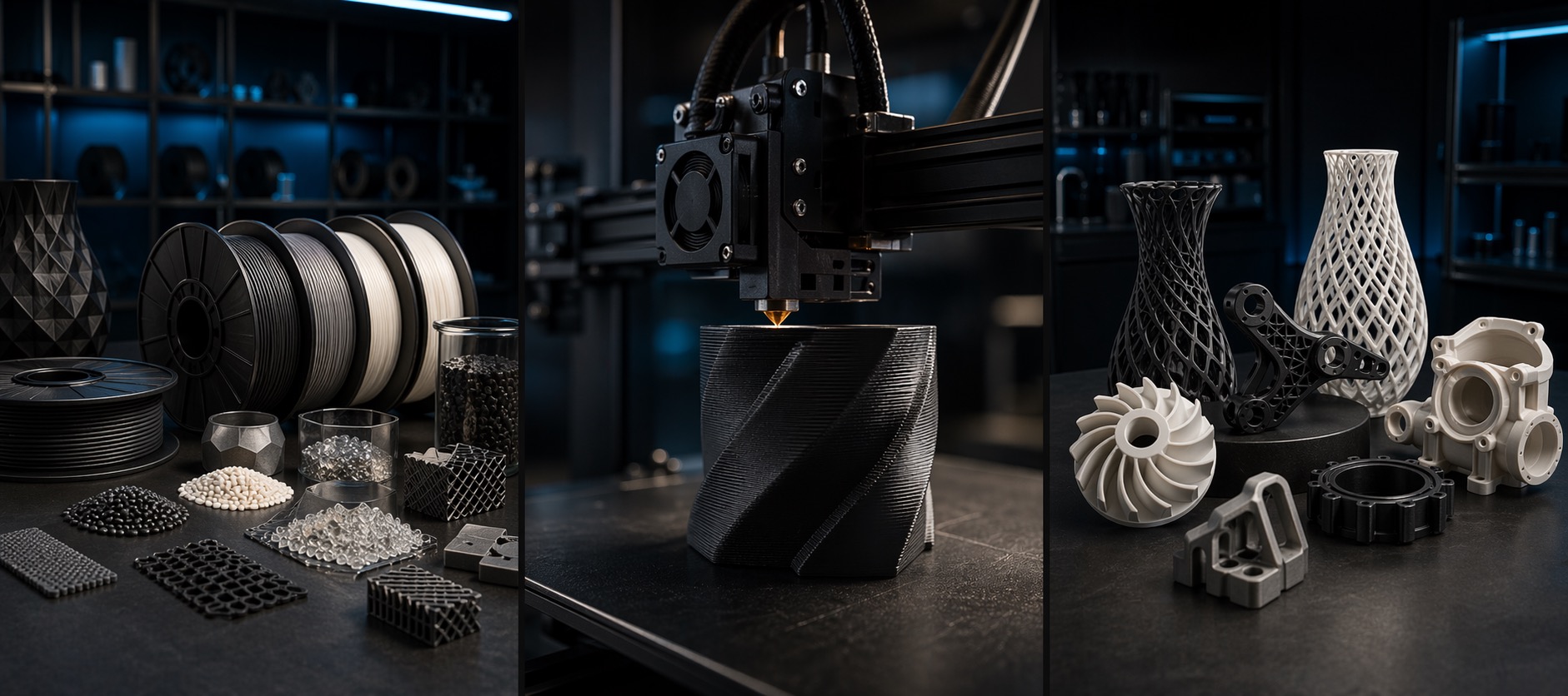 Materiales, impresión en proceso y piezas terminadas dentro de un flujo de impresión 3D
